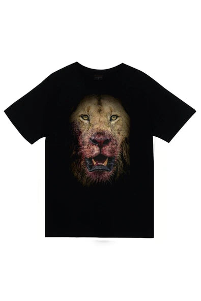fame-stoned  Aslan Baskılı Unisex %100 Pamuk Siyah T-shirt