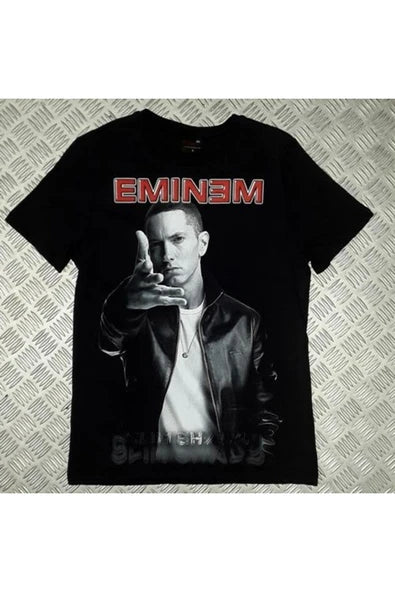 fame-stoned  Eminem Baskılı Unisex %100 Pamuk Siyah T-shirt