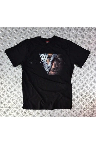 fame-stoned  Vikings Baskılı Unisex %100 Pamuk Siyah T-shirt