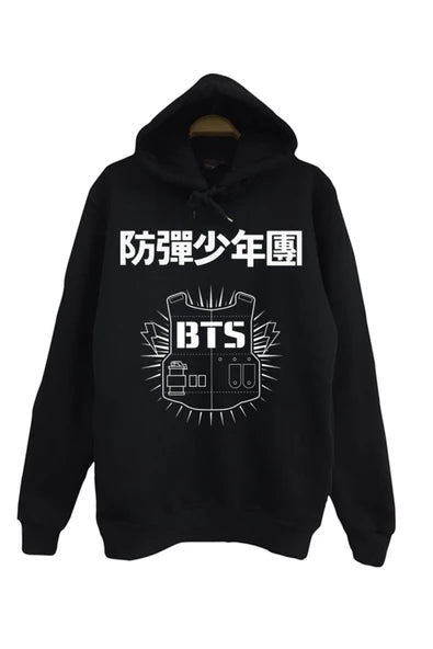 BTS baskılı siyah kapüşonlu sweatshirt