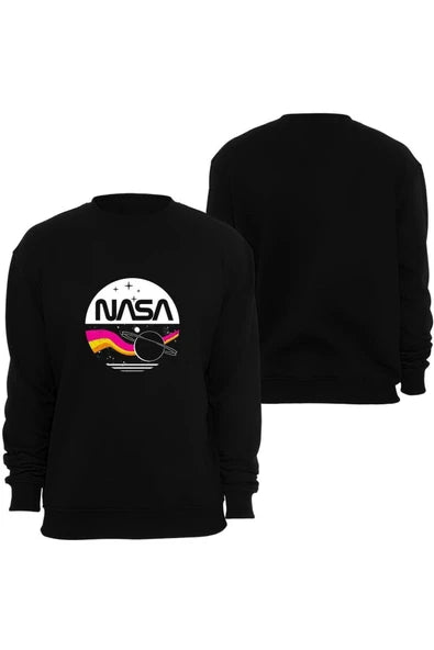 fame-stoned Nasa - Uzay - Astronot Baskılı Unisex %100 Pamuk Siyah Bisiklet Yaka Sweatshirt