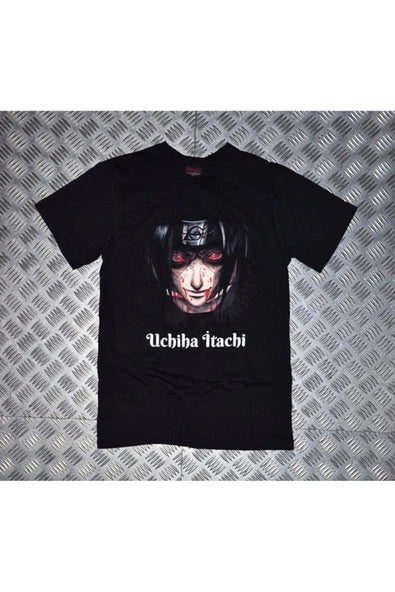 Naruto Uchiha Itachi portresi baskılı siyah tişört