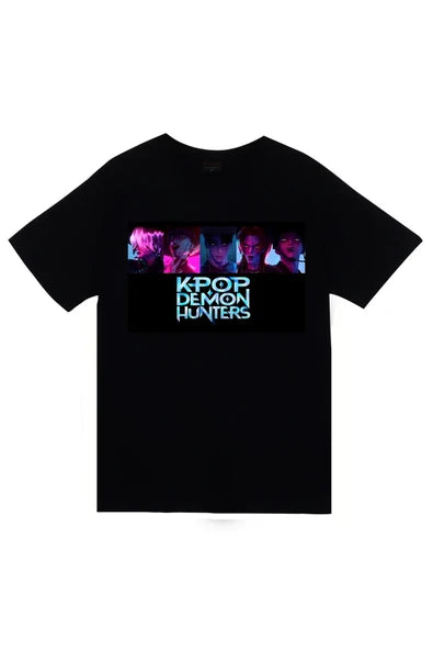 fame-stoned K-Pop Demon Hunters – Saja Boys Baskılı Unisex %100 Pamuk Siyah T-shirt
