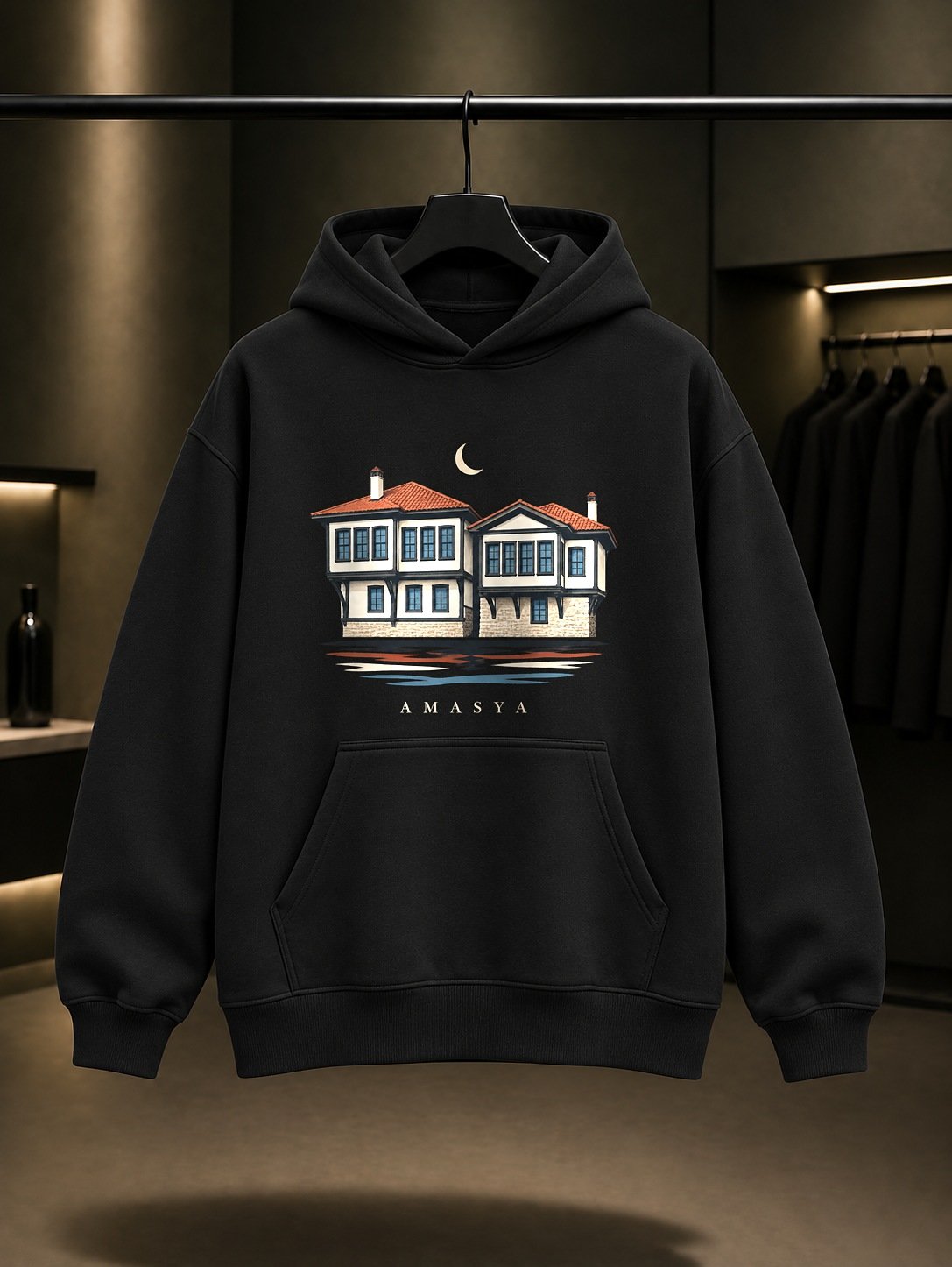 Amasya Yalıboyu Evleri Kapüşonlu Sweatshirt – Siyah