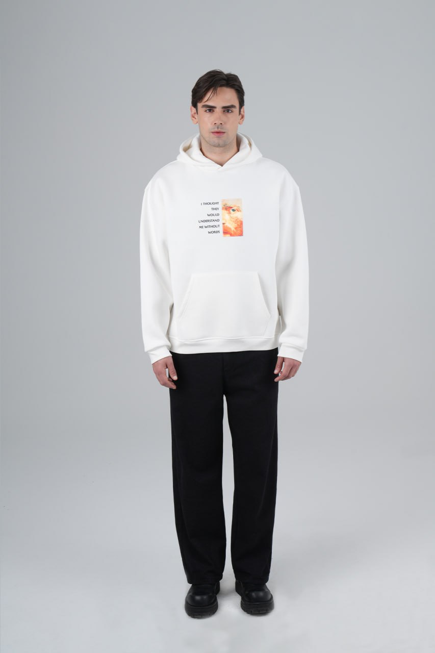 Vincent Van Gogh Metin Baskılı %100 Pamuk Kapüşonlu Unisex Oversize Beyaz Sweatshirt