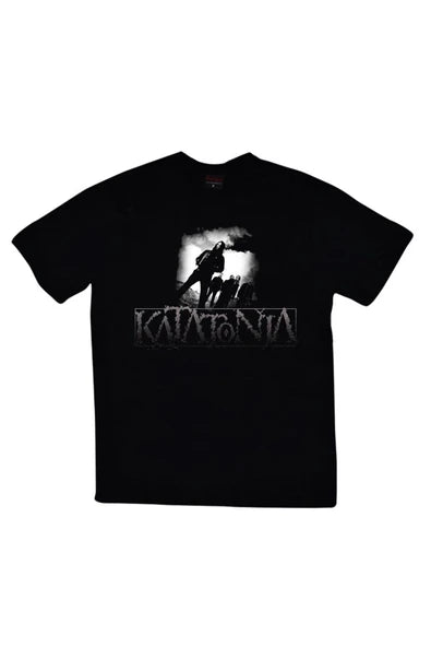 Katatonia Logosu ve karanlık figür baskılı siyah tişört