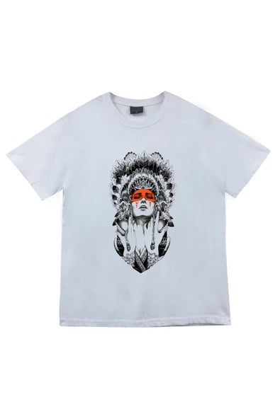 fame-stoned  Unisex Beyaz Kızılderili Baskılı T-shirt