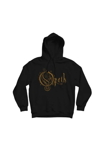 Opeth Altin sari grup logosu baskılı siyah kapüşonlu sweatshirt