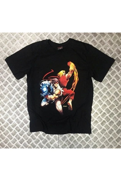 Unisex Siyah Street Fıghter baskılı siyah tişört