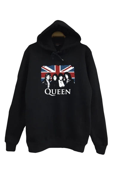 Queen Ingiliz bayragi zeminde grup baskılı siyah kapüşonlu sweatshirt