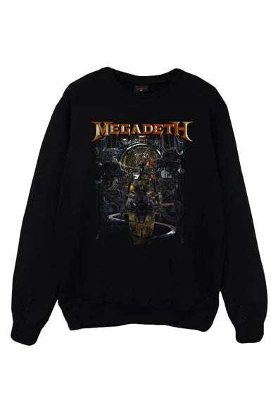 Megadeth Vic Rattlehead temalı albüm baskılı siyah sweatshirt