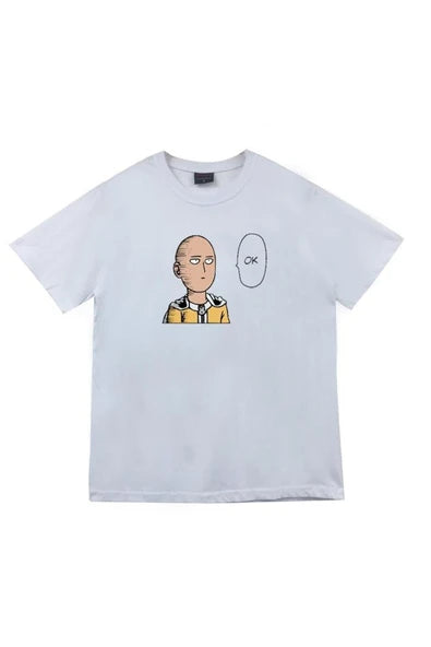 fame-stoned  Saitama Anime Baskılı Unisex %100 Pamuk Mavi T-shirt