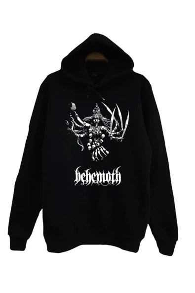 Behemoth Okultist tanri illüstrasyonu baskılı siyah kapüşonlu sweatshirt