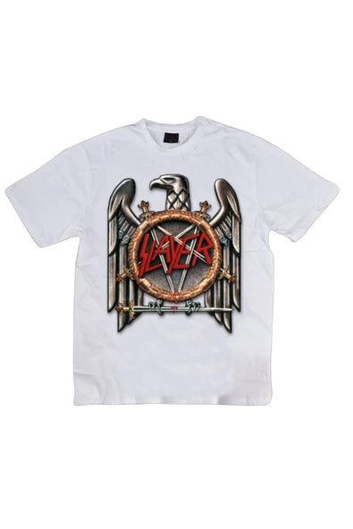 fame-stoned  Slayer Baskılı Unisex %100 Pamuk Beyaz T-shirt