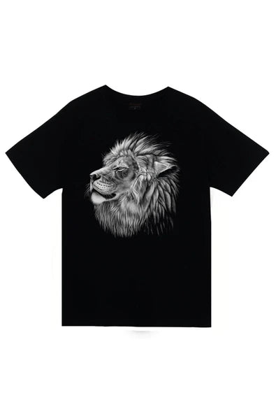 fame-stoned  Aslan, Hayvan Baskılı Unisex %100 Pamuk Siyah T-shirt