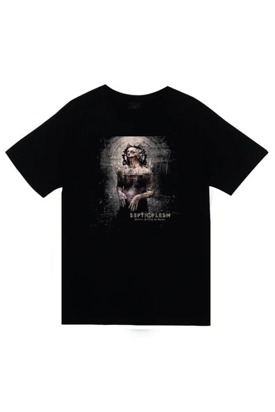 Septicflesh Albüm kapağı; heykelsi kadın baskılı siyah tişört