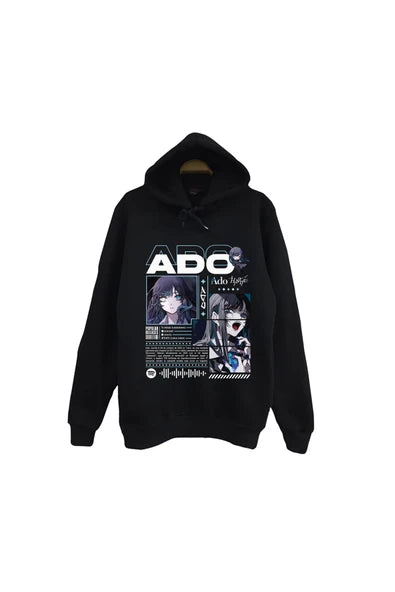 fame-stoned Ado Japon - K-Pop - Rock - Müzik Baskılı Unisex %100 Pamuk Kapüşonlu Siyah Sweatshirt