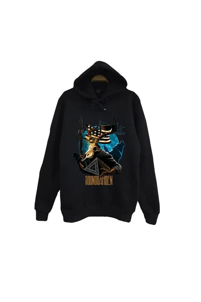 Soundgarden - Müzik Grubu Mavi-turuncu tonlu baskılı siyah kapüşonlu sweatshirt