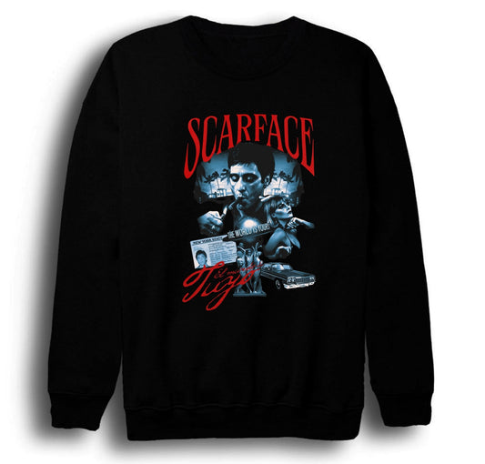 Scarface - Tony Montana Baskılı Unisex %100 Pamuk Siyah Bisiklet Yaka Sweatshirt