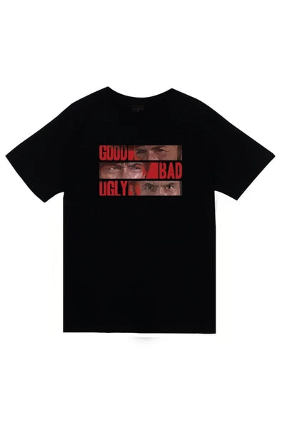fame-stoned  İyi Kötü Çirkin Baskılı Unisex %100 Pamuk Siyah T-shirt