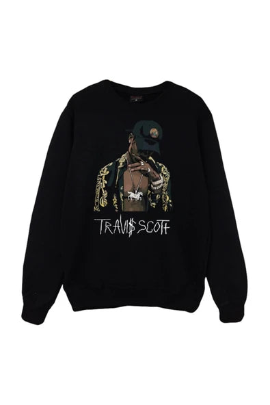 Astraworld Travis Scott Portre illüstrasyonu ve imza baskılı siyah sweatshirt