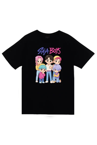 fame-stoned K-Pop Demon Hunters – Saja Boys Baby Saja Baskılı Unisex %100 Pamuk Siyah T-shirt