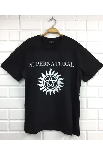 fame-stoned  Supernatural Baskılı Unisex %100 Pamuk Siyah T-shirt