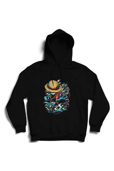 One Piece Zoro Anime baskılı siyah kapüşonlu sweatshirt