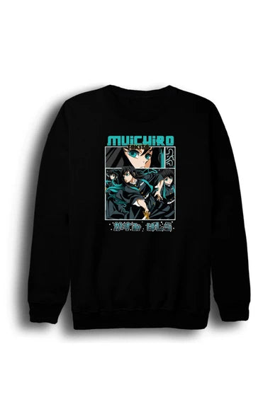 fame-stoned Demon Slayer Muichiro Tokito - Anime Baskılı Unisex %100 Pamuk Siyah Bisiklet Yaka Sweatshirt