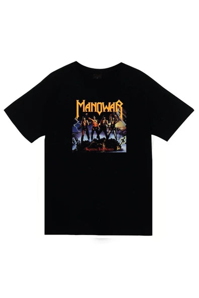 fame-stoned Manowar Baskılı Unisex %100 Pamuk Siyah T-shirt