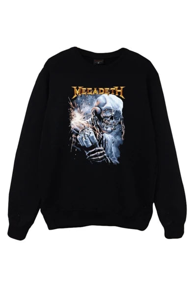 Unisex Siyah Megadeth baskılı siyah sweatshirt