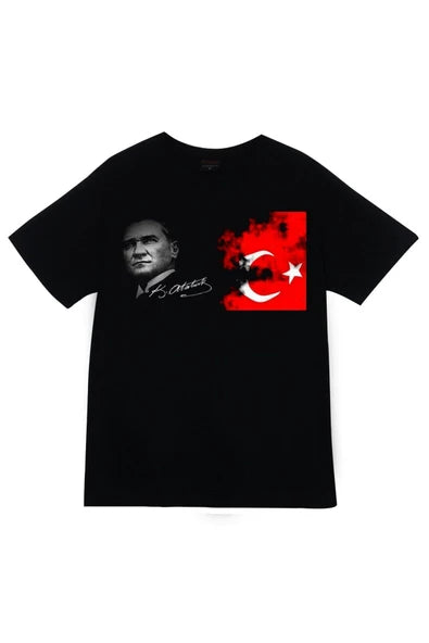 fame-stoned  Gazi Mustafa Kemal Atatürk Baskılı Unisex %100 Pamuk Siyah T-shirt