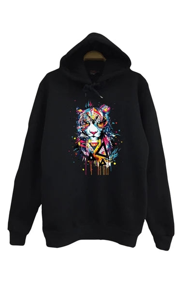 Kaplan Renkli sulu boya efektli baskılı siyah kapüşonlu sweatshirt