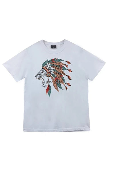 fame-stoned  Kızılderili Baskılı Unisex %100 Pamuk Beyaz T-shirt
