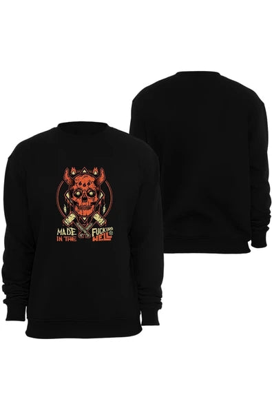 Halloween ( Cadılar Bayramı ) Boynuzlu iblis kurukafasi baskılı siyah sweatshirt