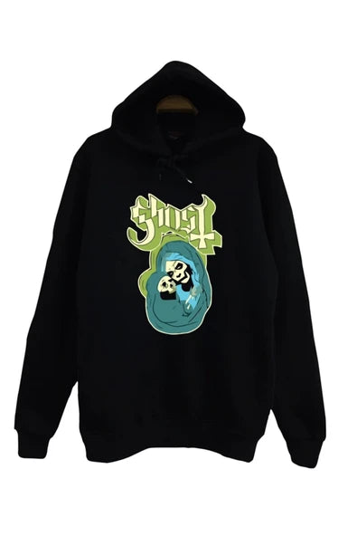 Ghost Sarı logo ve mavi/yeşil baskılı siyah kapüşonlu sweatshirt