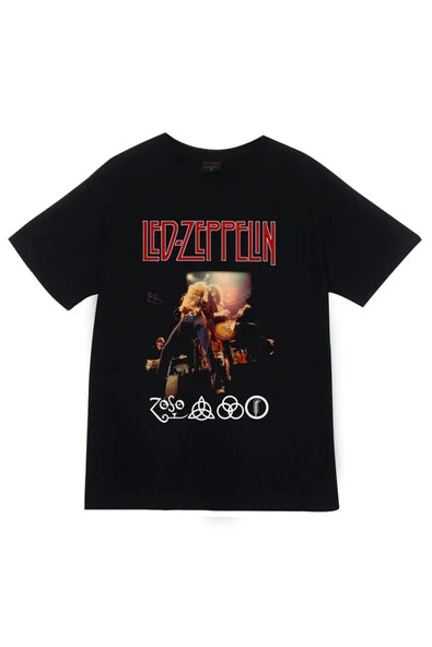 Led Zeppelin Logosu, Robert Plant fotoğrafı baskılı siyah tişört