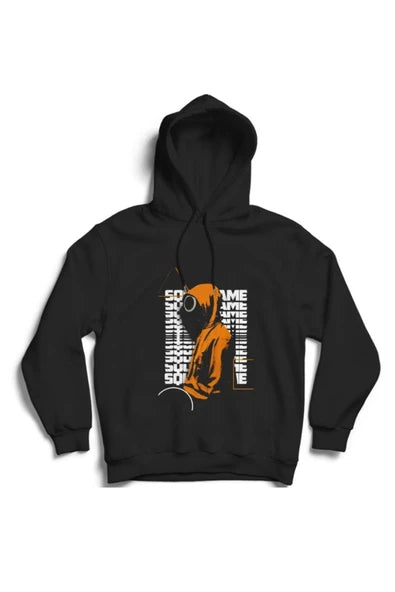 Squid Game Dizi Turuncu soyut figur baskılı siyah kapüşonlu sweatshirt