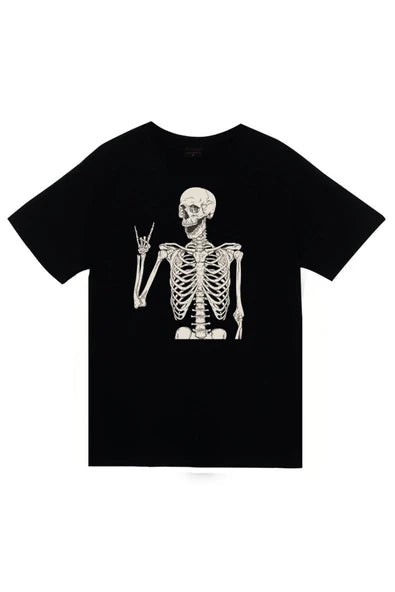 fame-stoned  Unisex Siyah Iskelet Rib Cage Kurukafa Baskılı T-shirt