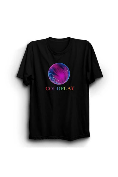 Coldplay Renkli küre ve grup baskılı siyah tişört