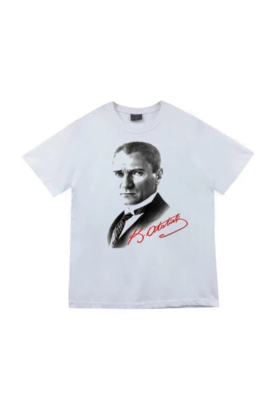 fame-stoned  Gazi Mustafa Kemal Atatürk Baskılı Unisex %100 Pamuk Beyaz T-shirt