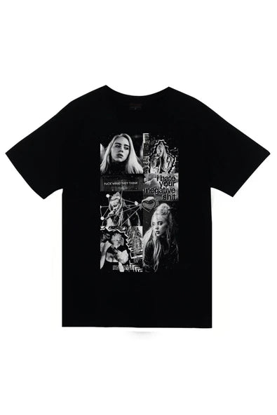 fame-stoned  Billie Eilish Baskılı Unisex %100 Pamuk Siyah T-shirt