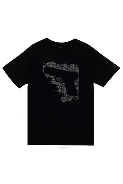 fame-stoned  Tabanca Silah Baskılı Unisex %100 Pamuk Siyah T-shirt