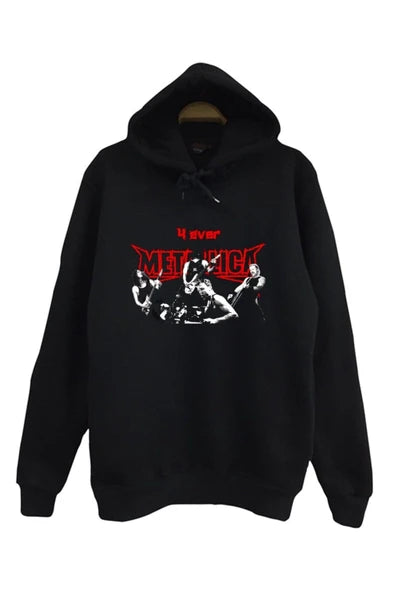 Metallica Fotografi kolajı ve kırmızı baskılı siyah kapüşonlu sweatshirt