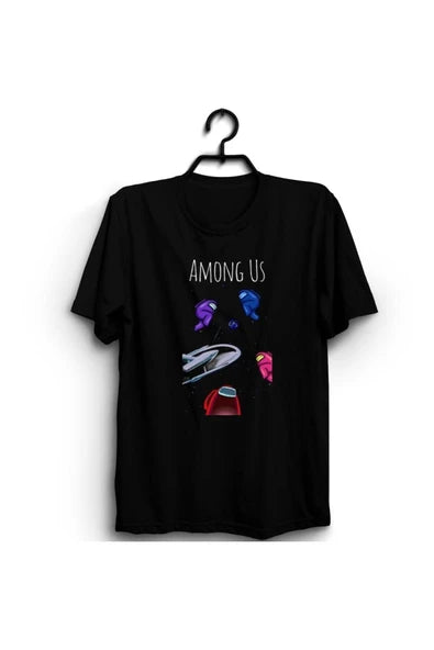 fame-stoned  Among Us, Oyun Baskılı Unisex %100 Pamuk Siyah T-shirt