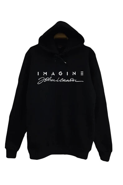 The Beatles Imagine' yazısı ve imza baskılı siyah kapüşonlu sweatshirt