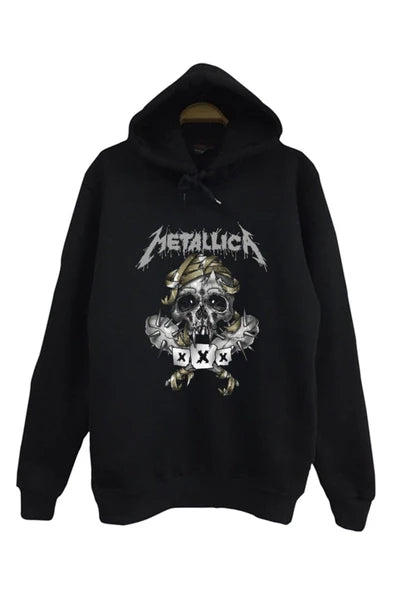 Metallica Kurukafa ve caprazlanmis kemik baskılı siyah kapüşonlu sweatshirt
