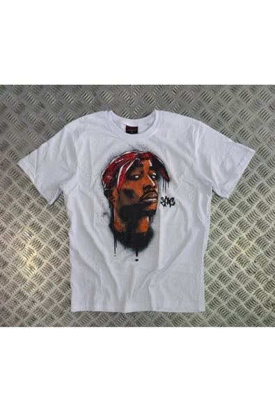 fame-stoned  Tupac Baskılı Unisex %100 Pamuk Beyaz T-shirt