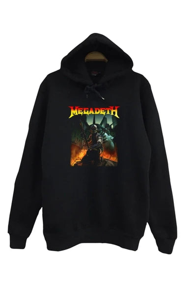 Megadeth Albüm kapağı illüstrasyonu baskılı siyah kapüşonlu sweatshirt