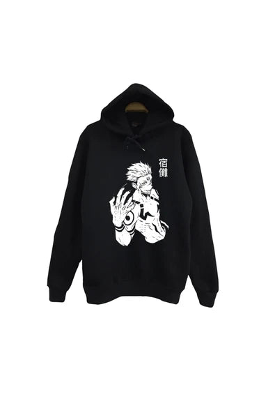 fame-stoned Jujutsu Kaisen Anime Baskılı Unisex %100 Pamuk Siyah Kapüşonlu Sweatshirt